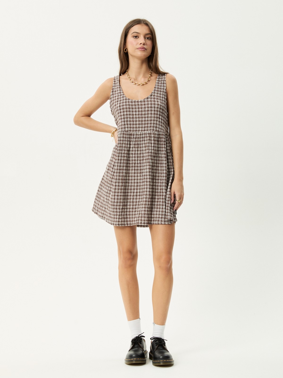 Afends Brown & Cream Plaid Tank Mini Hemp Seersucker Dress